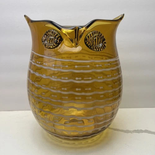 1970s Blenko Art Style Amber & White Blown Glass Owl Modernist Design Vase 10”