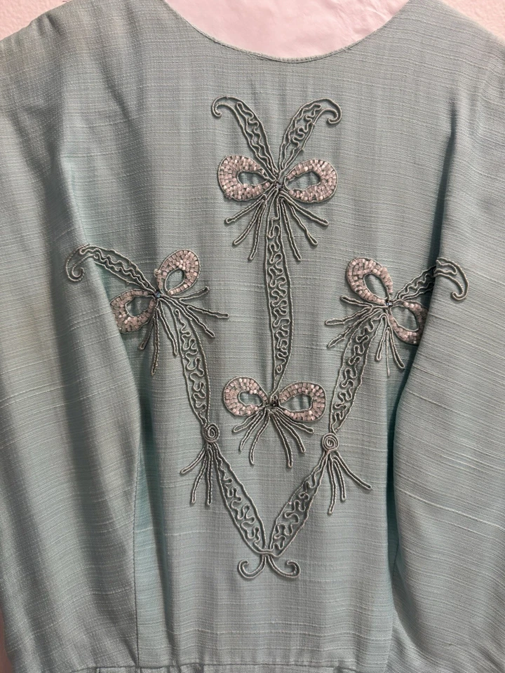 VTG 1950s Aqua Wiggle Dress W/Silver Embroidered Bows Cocktail Glam MCM Sparkle - Image 2 of 4
