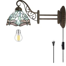 Tiffany Wall Sconce Lamp Plug in Swing Arm Up Down Light Sea Blue Stained Gla...