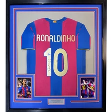 Framed Autographed/Signed Ronaldinho 35x39 Barcelona Blue/Red Jersey Beckett COA