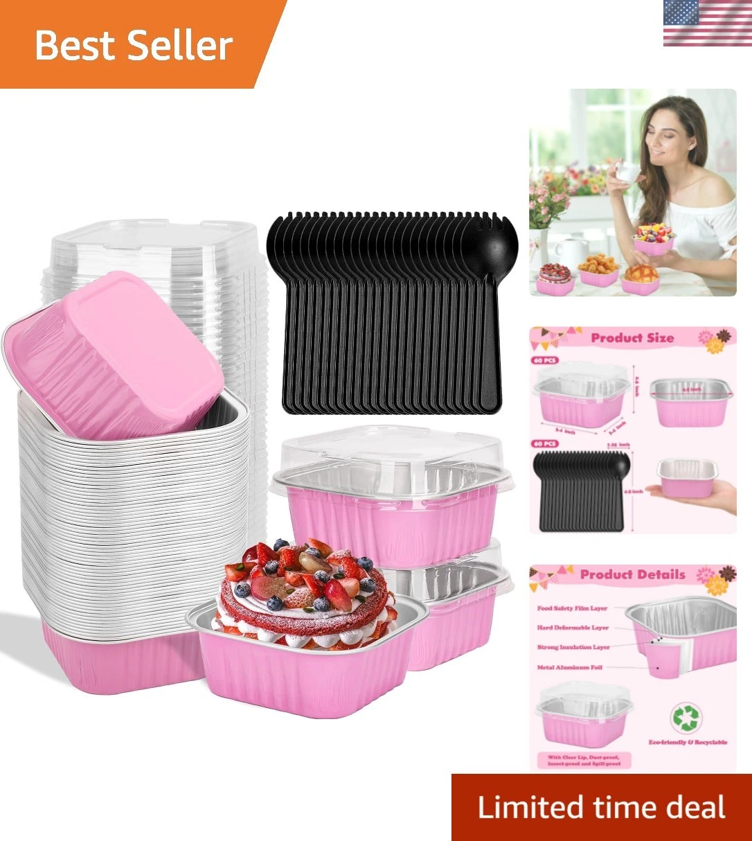 60 Pack 10oz Mini Disposable Cake Pans with Lids, Aluminum Foil Square Baking...