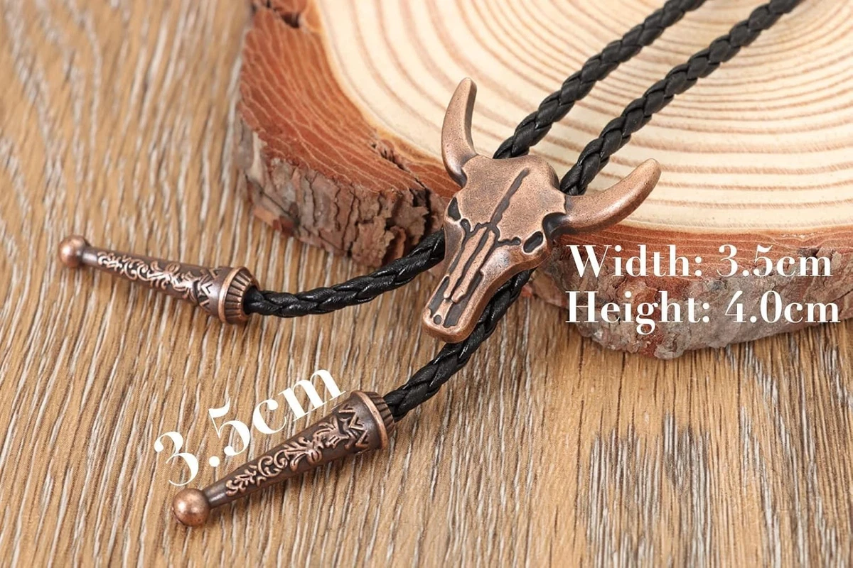 Western Vintage Bolo Tie for Men - Cow Skull Design Cowboy Tie - Black Leather B