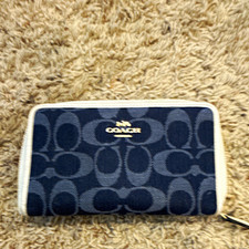 Coach Signature Logo Zip-Around Wallet Blue/White Trim w/ ID Window, Womens