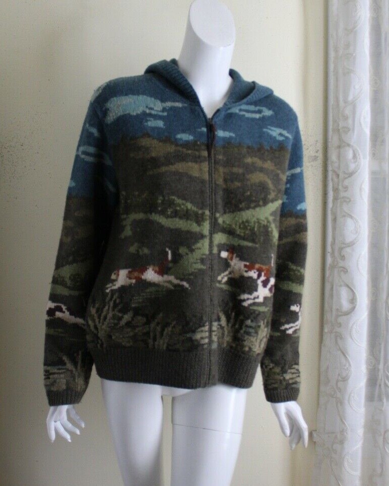 Ralph Lauren Sz M Hand-Knit THE HUNT Dog Sweater Art-Wear HOODED