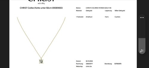 Christ Schmuckset, Kette und Ohrstecker Echtgold 585, Amethyst - Bild 6 von 7