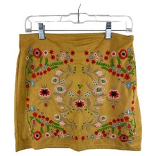 Lucky Blessed Women's Mustard Yellow Microfiber Floral Embroidered Mini Skirt