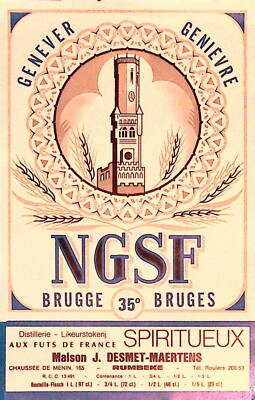 NGSF Genever Gin Alcohol Label Maison Desmet-Maertens Brugge Belgium Vintage