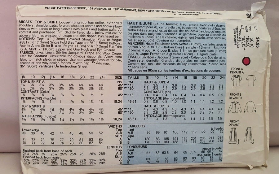 Vintage Sewing Very Easy Very Vogue 9936 c1987 Cut to Sz 18 Misses' Top & Skirt - Image 2 of 3