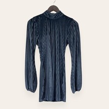 Lovers and Friends Navy Blue Velvet Striped Mini Dress Long Sleeve Mock Neck