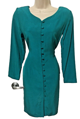 Women's Vintage natural Silk mini dress long sleeve, lined, green size 4