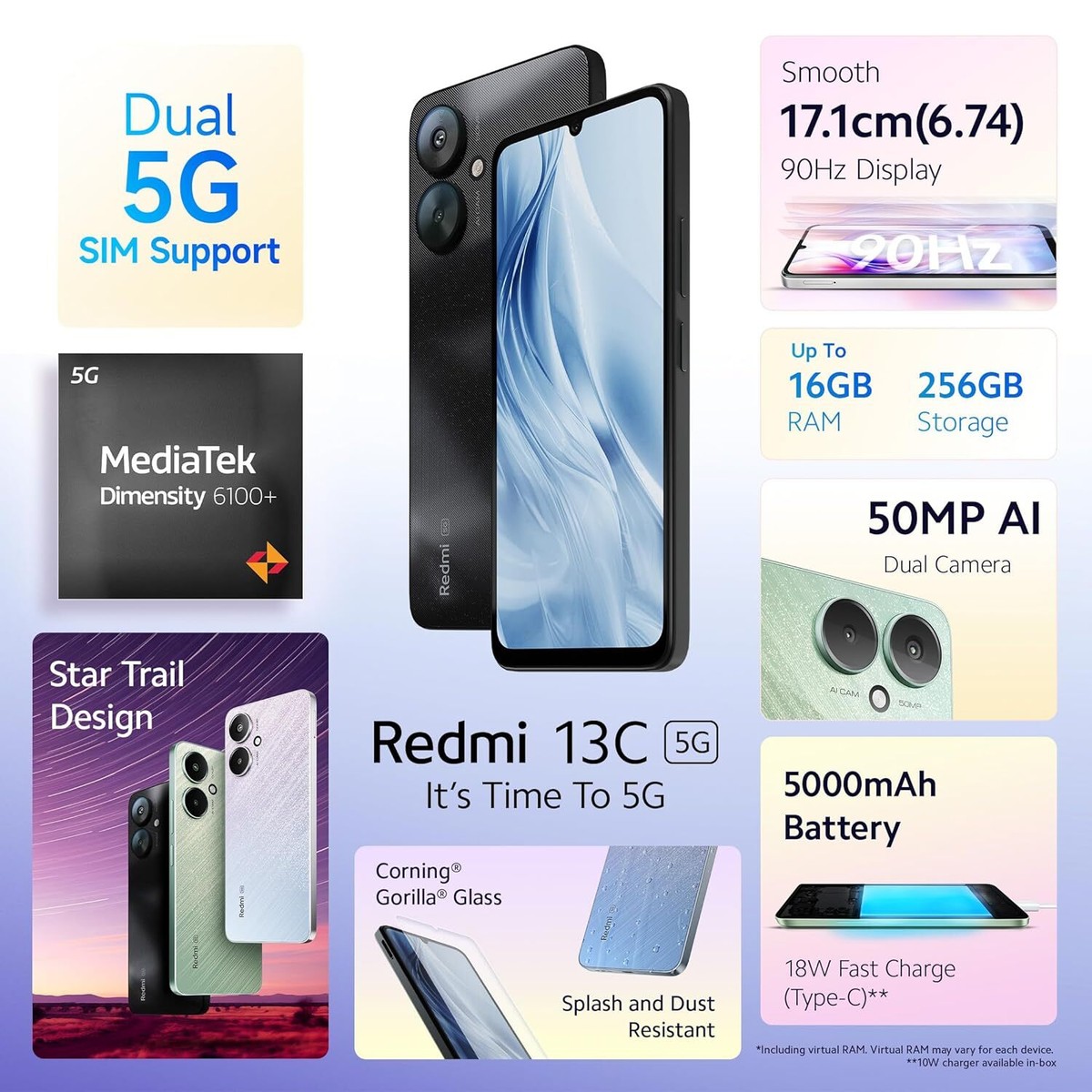 Redmi 13C 5G-4GB RAM 128GB Storage-MTK Dimensity 6100+ 5G -GLOBAL