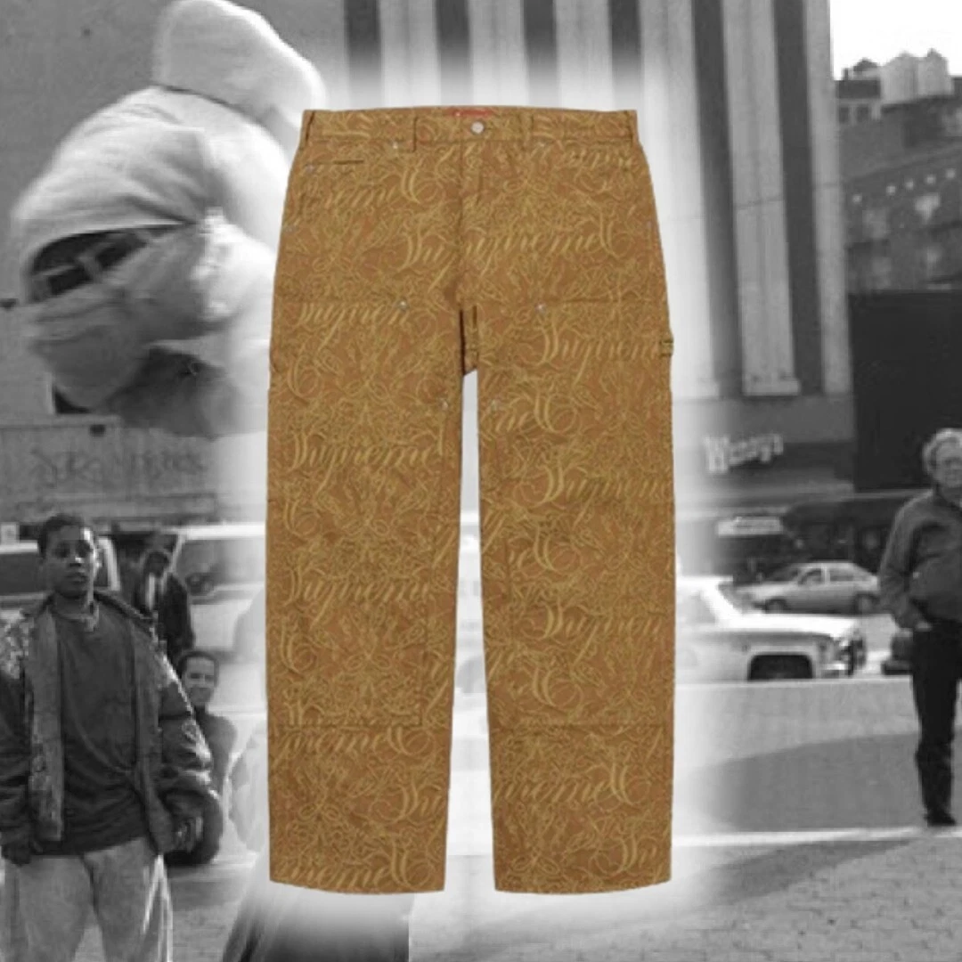 Pantalon peintre double genou en denim marron Supreme Script Jacquard taille 30