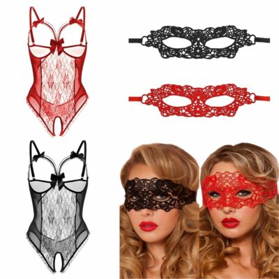 sexy lingerie mask Lace Lingerie Mask Erotic Sexy Underwear Crotch Bodysuit Set Valentines  Women