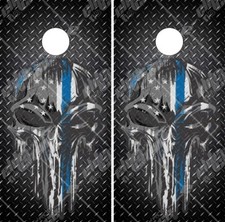 Blue Line Skull Diamond Plate LAMINATED Cornhole Wrap Bag Toss Skin Decal