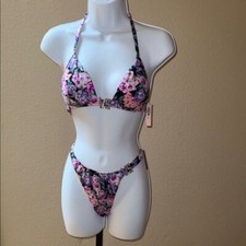 NWT Victoria's Secret Pink/Purple Rose Floral 2 Pc Bikini Set Swimwear Bling M
