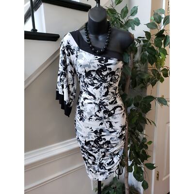 Ruby One Shoulder RUBY ROX Asymmetric Dress Womens Medium White Black Floral Ruched One ...