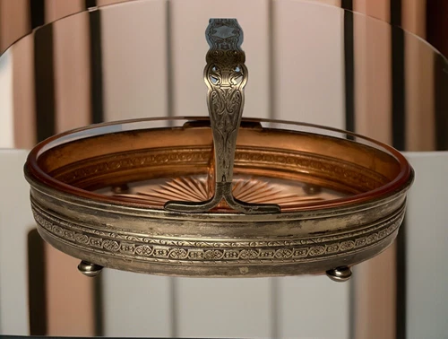 Vintage Pink Depression Glass Divided Dish Pierced Metal Holder Oval Caddy