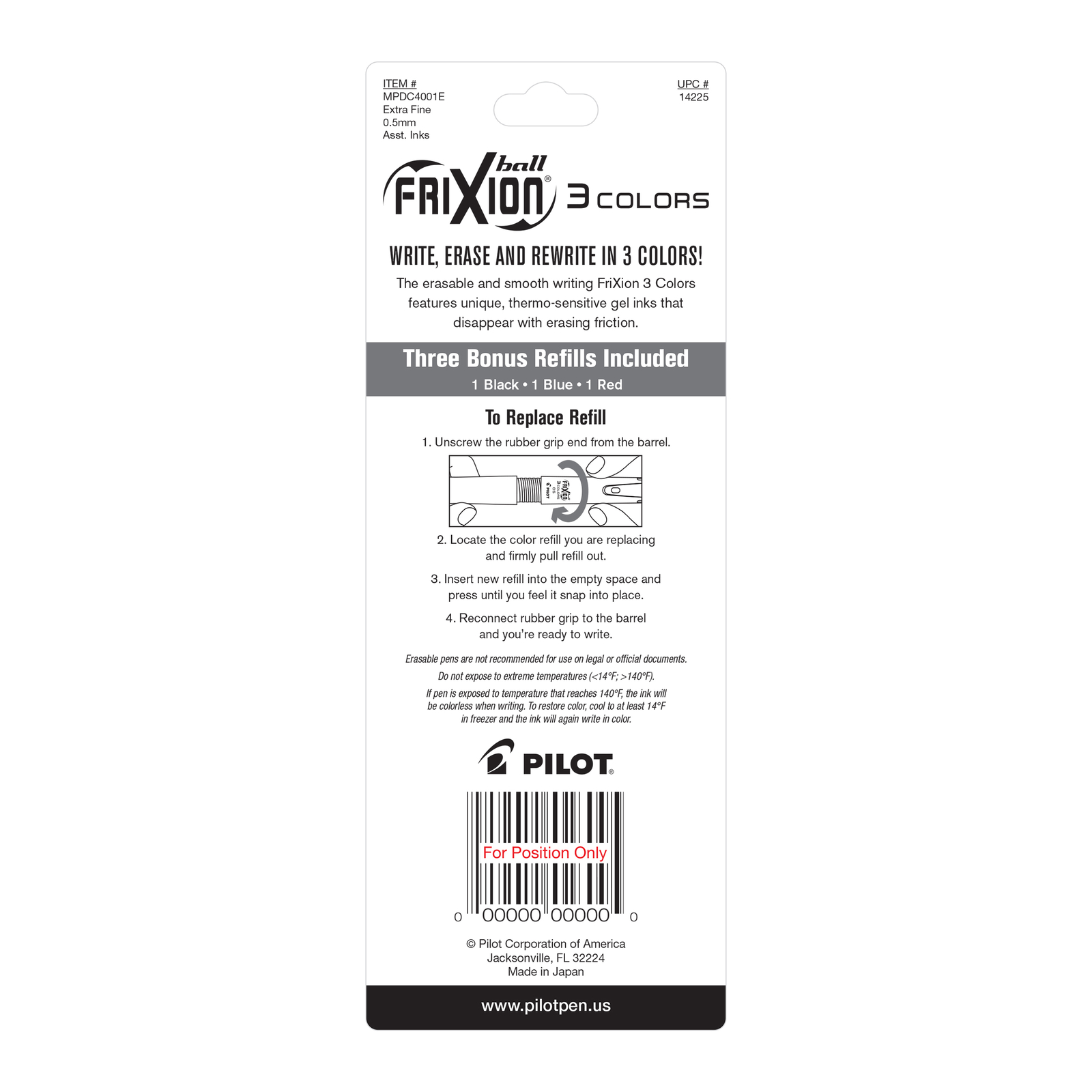Pilot FriXion Ball 3 Colors Erasable Gel Multifunctional Pen in Black - NEW
