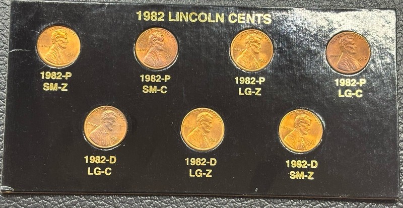 1982 Lincoln Cent 7 Coin Variety Set BU/AU Small & Large Date P/D Zinc Copper