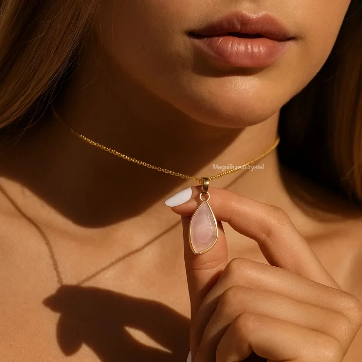 Colar pingente de lágrima de quartzo rosa minimalista delicado feminino joias de pedra - Imagem 2 de 4