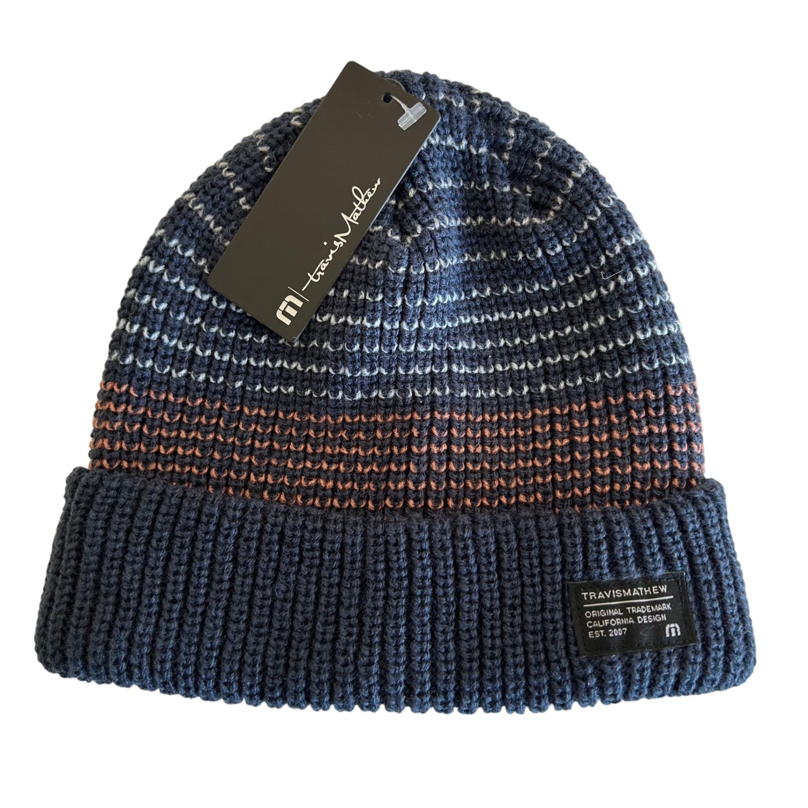 Travis Mathew Delgado Beanie Hat Mens Stripe Knit Cuff Warm Winter NWT