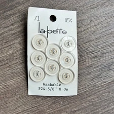 8 NEW on Card Vintage 80s La Petite Clear 4 Hole Flat Round Sewing Buttons 5/8"