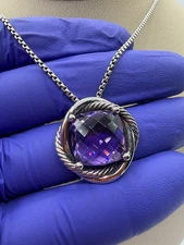David Yurman 925 Sterling Silver Infinity 14mm Amethyst Pendant Necklace 16-18”