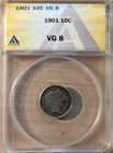1901 Barber Dime 10C, ANACS Certified VG8, Silver Very Good