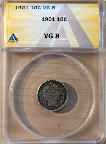 1901 Barber Dime 10C, ANACS Certified VG8, Silver Very Good