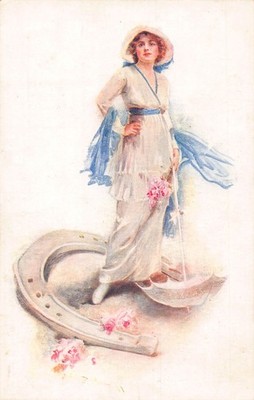 B575 Advertising Manfield's Boots Int Horse Show London Horseshoe Lady postcard