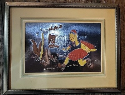 Vintage Little Red Riding Hood Foil Art Picture Retro Mirror Glass Framed Decor