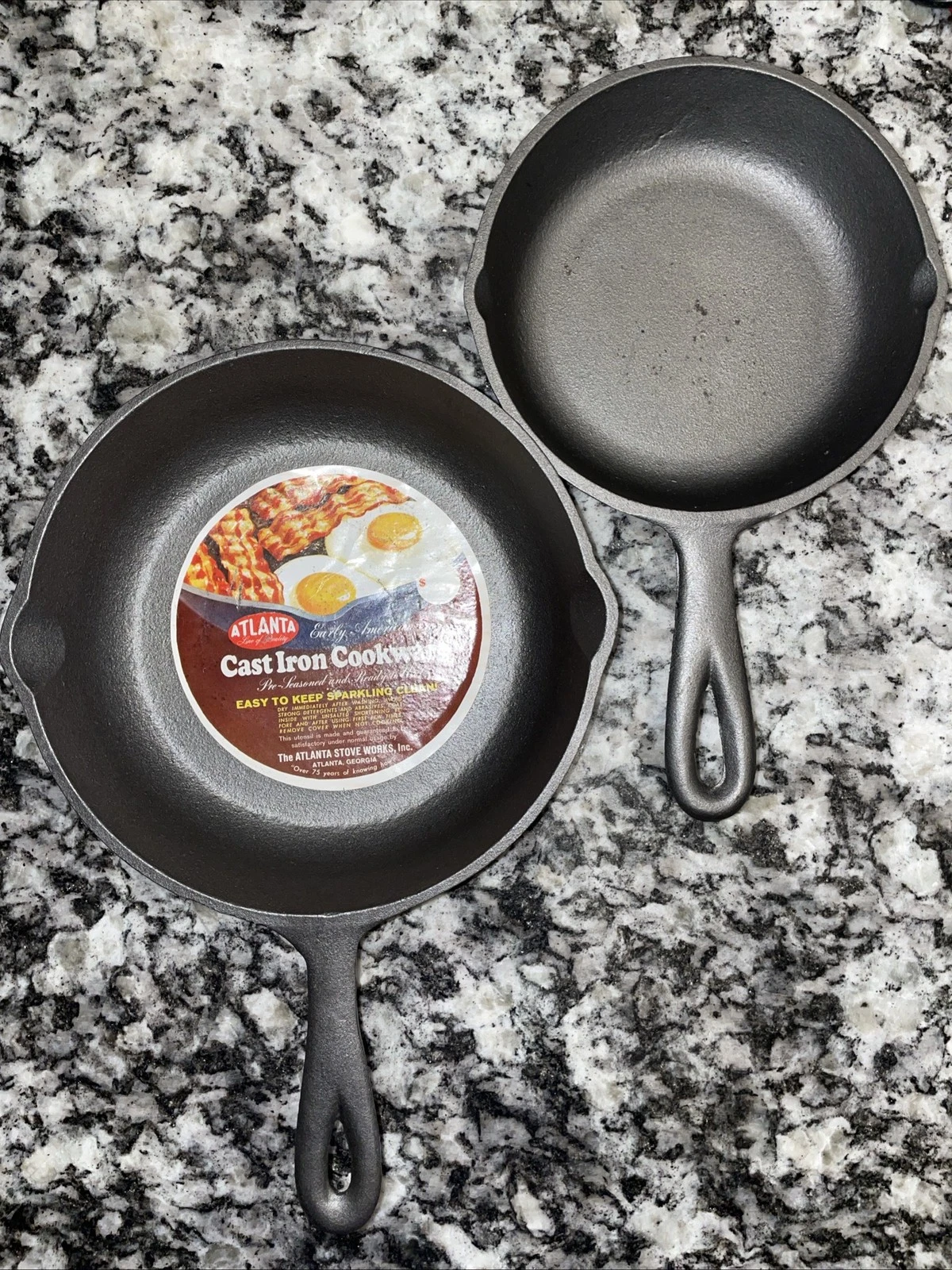 Rare #5 & #3 Cast Iron Atlanta Stove Works Skillets with Original Label