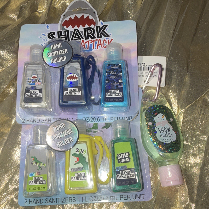 Hand Sanitizer Lot: Shark & Dinosaur Holders + Snow Flurries, 1 fl oz Anti-Bac