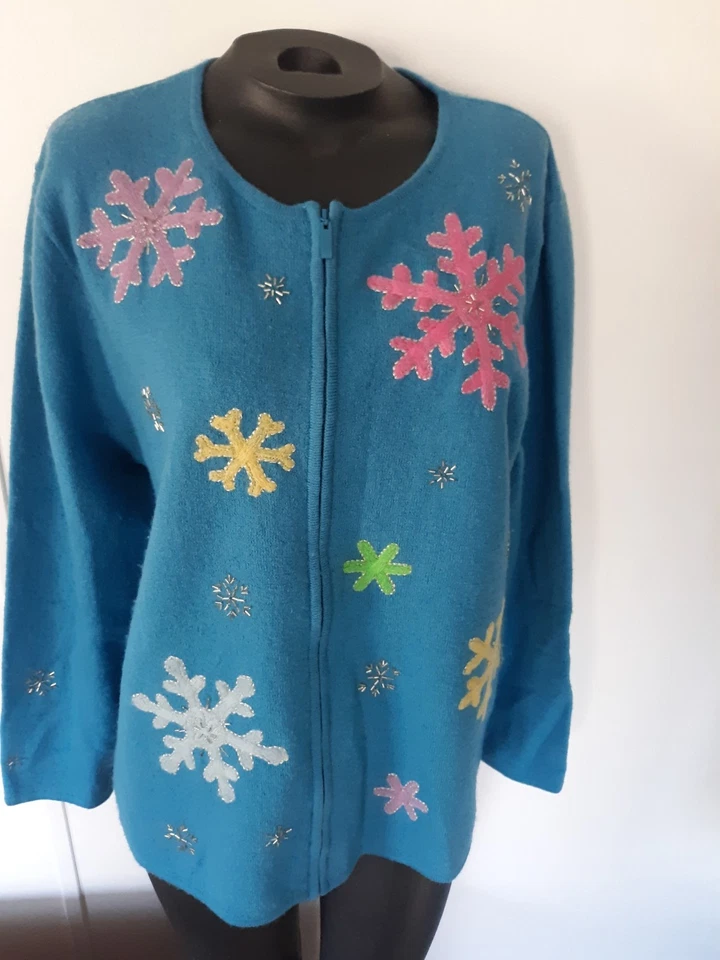 QUACKER FACTORY Vintage Turquoise Blue 100% Wool Zip Up Snowflake Sweater Sz L - Image 3 of 4