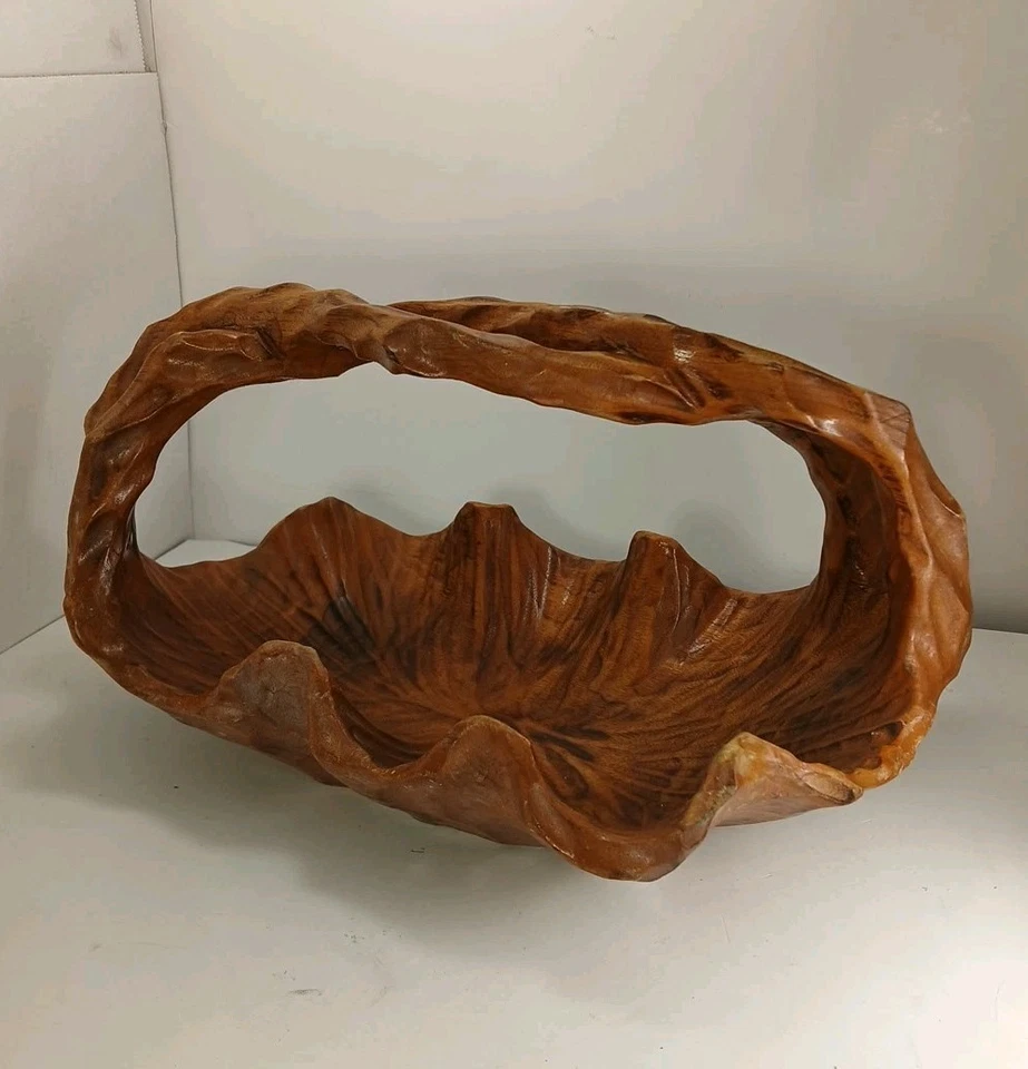 Cuenco de madera de burl tallado a mano brutalista vintage de mediados de siglo con mango 15L x 8w Foto 2 de 4