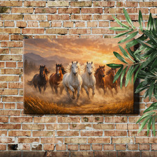 Herd Of Horses At Sunset Canvas Print White And Chestnut With Golden Peaks