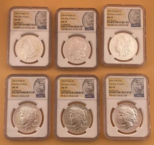 2023 2024 2025 MORGAN AND PEACE SILVER DOLLARS NGC MS70 FIRST DAY OF ISSUE