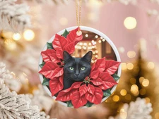 Black Cat Christmas Ornament Poinsettia Flower Gift Green Eyes Void Cat Decor