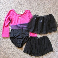 Danskin Medium Pink Black Leotard  2 Skirts Dance Costume Ballet EUC Sparkles