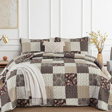 Floral Plaid Patchwork Fall Quilt Set Queen Size 3 Pieces Taupe Beige Khaki Beds