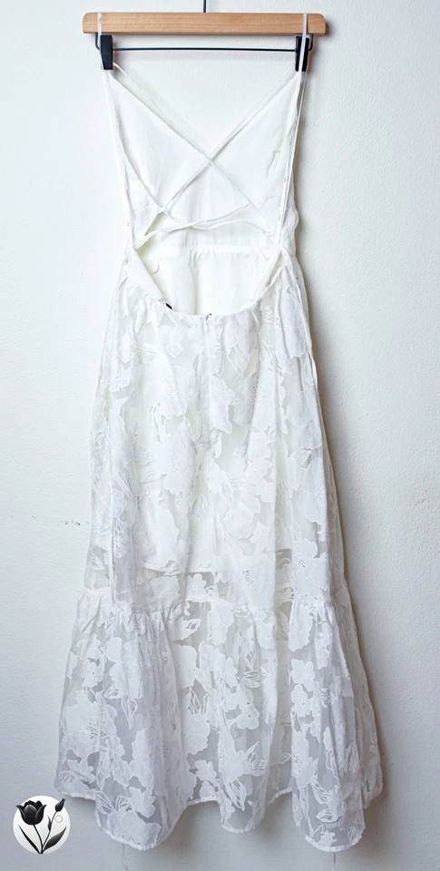 Vestido Lulus Talla S Blanco Jacquard Organza Con Cordones Midi Floral Novia Foto 4 de 4