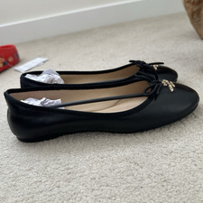 Coach Women’s Black Leather Ballet Flats UK 3 Slip-On Bow Logo Round Toe