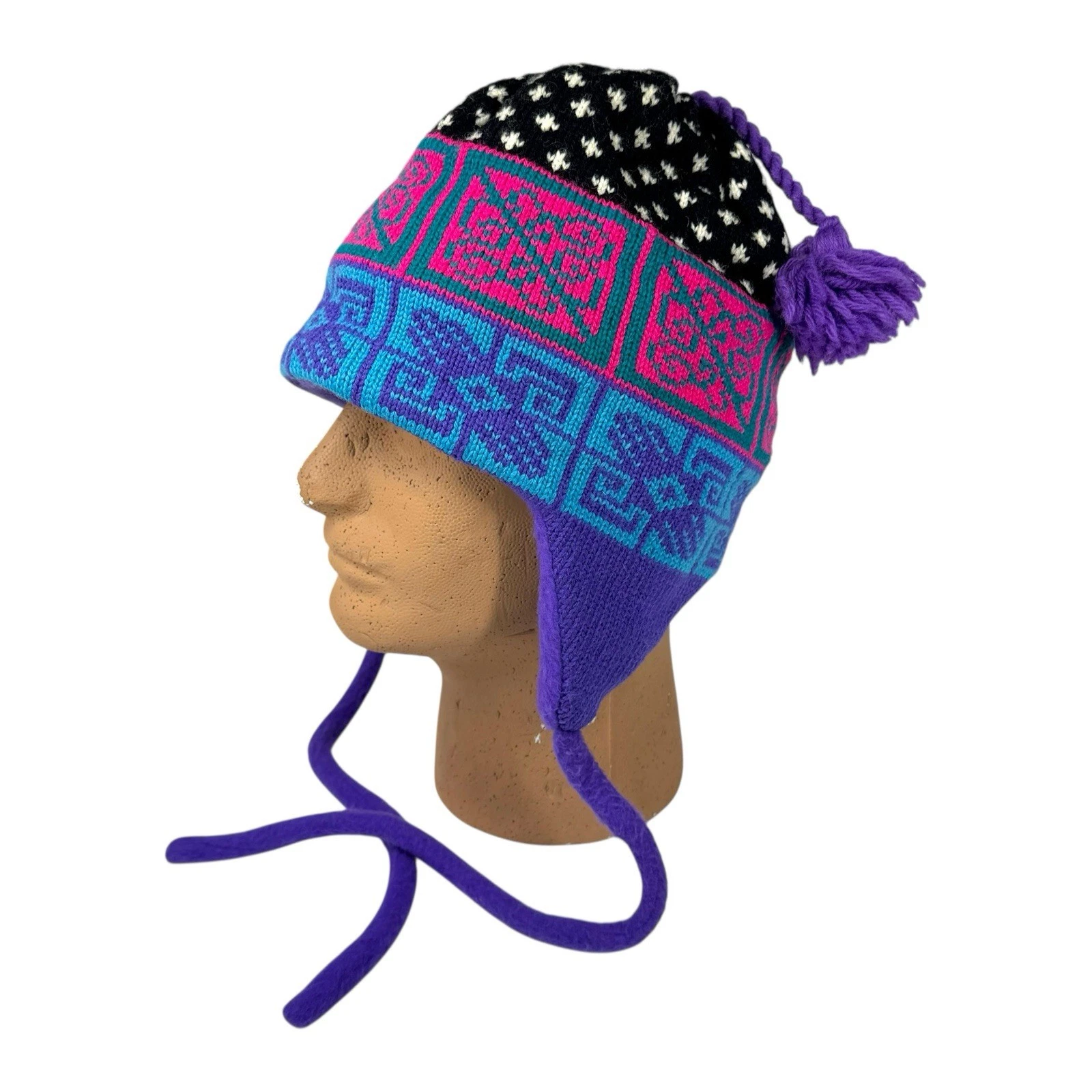 Vintage Turtle Fur Fleece Ear Flap Pom Beanie Neon Fair Isle Made In Vermont