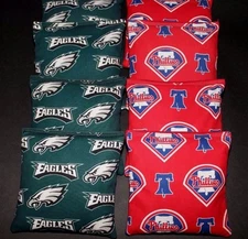 PHILADELPHIA EAGLES & PHILLIES  CORNHOLE BEAN BAGS 8 ACA Reg made w TEAM Fabric