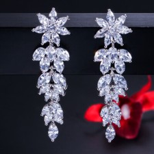 Gorgeous Flower Leaf Long Dangle Earrings Silver Plated CZ Crystal Party Jewelry