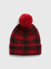 New Gap Kids Buffalo Plaid Beanie Foldover Knit Black Red Pom Pom Beanie S/M