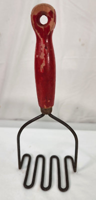Vintage Steel Potato Masher With Red Round Hard Wood Handle 9-1/2'' Tall Chippy