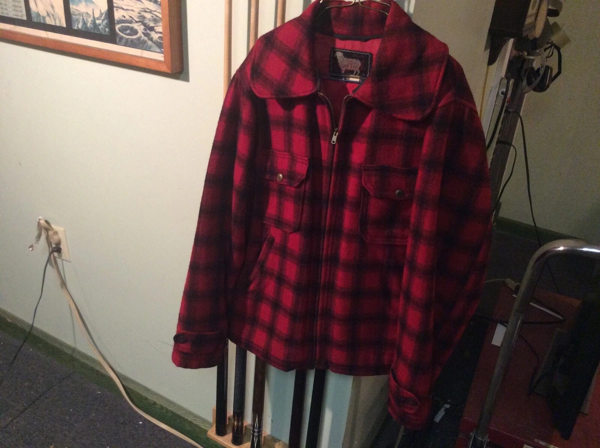 VINTAGE MENS WOOLRICH RED PLAID HUNTING COAT JACKET SIZE 38, 1950s-60s WOOL