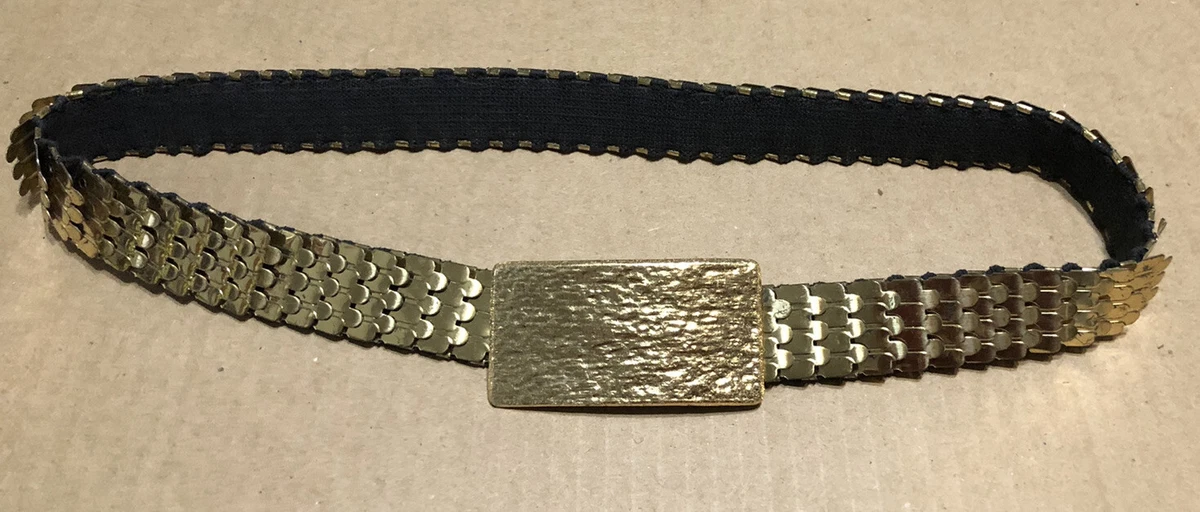 ??1980\'s Hammered Coin Metal Bushed Black White Vintage Elastic Belt 24\