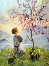 Little Boys Bunny Rabbits, Birds Mountains Lake by Margaret Tarrant